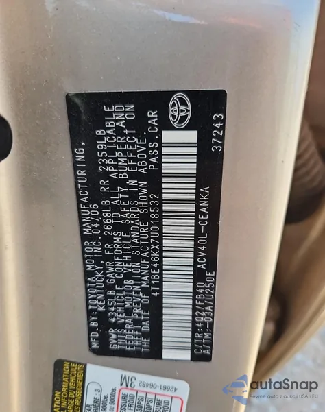 2007 Toyota Camry Ce from USA, damaged, VIN 4T1BE46KX7U018532